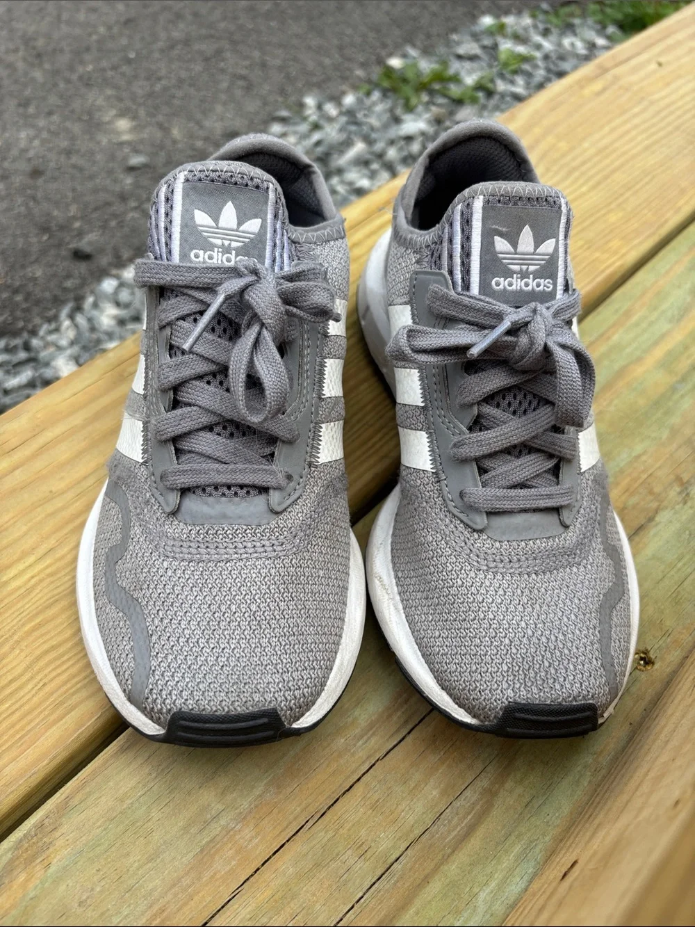adidas Grey Knit Trainers with White Stripes